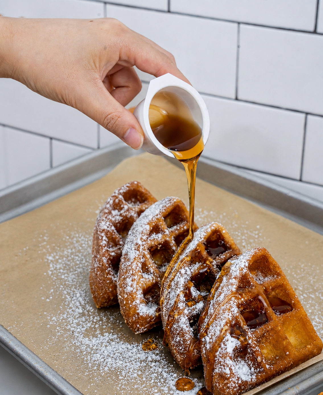 Warm syrup poured over golden waffles
