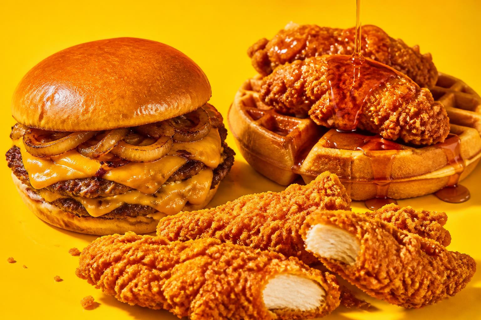 MooChick burger, chicken tenders, and chicken & waffles